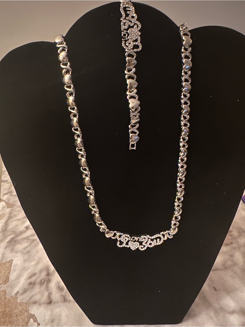 Silver Heart & 'Love' Crystal Chain Necklace & bracelet, set- ( 2 piece set)